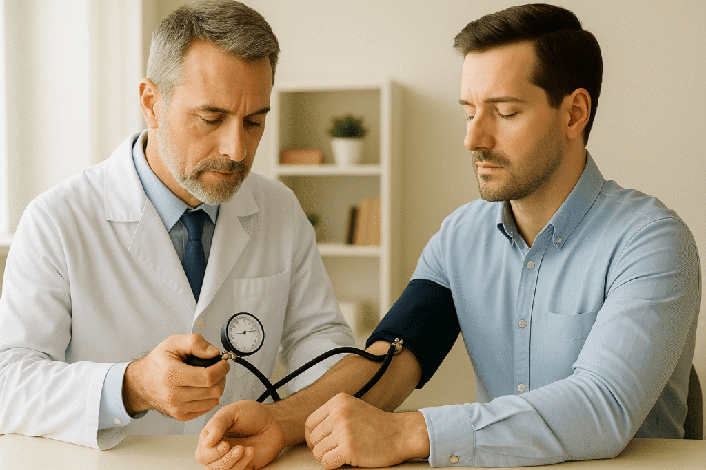 Illustrazione di stili di vita sani per prevenire ictus: alimentazione, esercizio, controlli medici